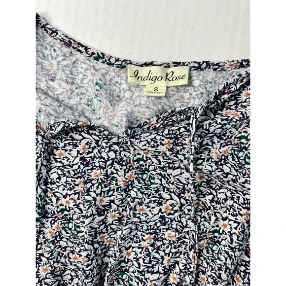 Indigo Rose Floral Midi Dress Long Sleeve Tie Front Layered Elastic Waist Sz S - Picture 10 of 16